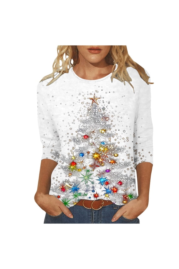 Christmas Shirts For Women Plus Size Funny Snowflake 3/4 Sleeve Tops Fashion Cute Crewneck Holiday Christmas Tree Shirt 05-White XL