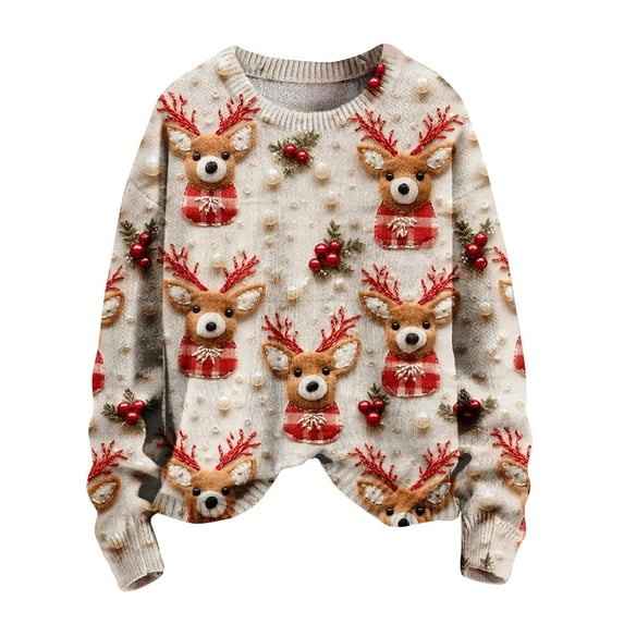 Ecqkame Christmas Trees Printed Sweatshirt for Women Merry Bright Christmas Holiday Sweater Xmas Party Round Neck Long Sleeve Pullover Sweatshirt Beige S