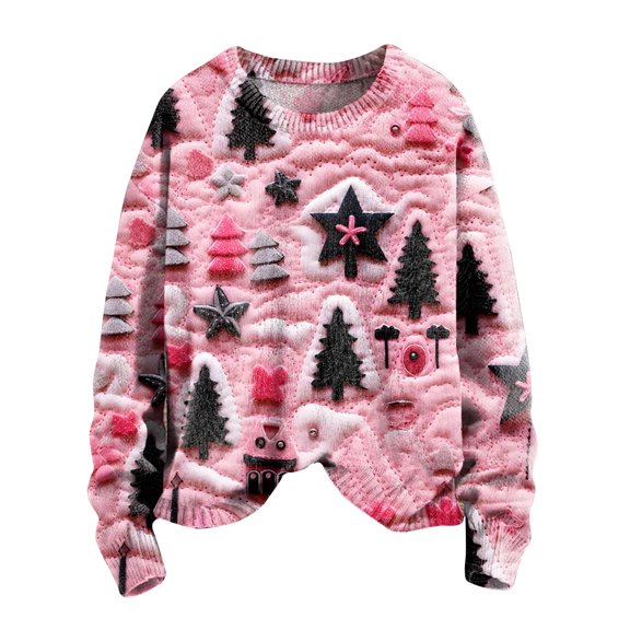 Ecqkame Christmas Trees Printed Sweatshirt for Women Merry Bright Christmas Holiday Sweater Xmas Party Round Neck Long Sleeve Pullover Sweatshirt Hot Pink M