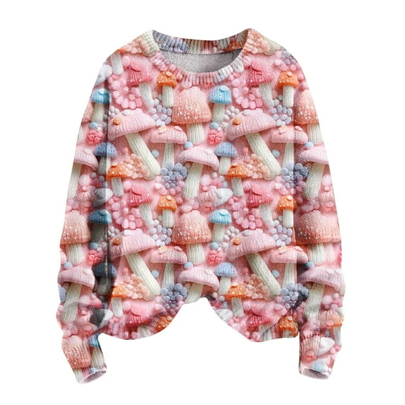 Ecqkame Christmas Trees Printed Sweatshirt for Women Merry Bright Christmas Holiday Sweater Xmas Party Round Neck Long Sleeve Pullover Sweatshirt Pink S