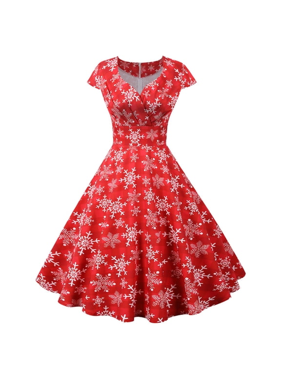 Cocktail Dresses Modest Wedding Guest Dress Women Short Sleeve V Neck Christmas 1950s Housewife Evening Party Prom Dress Red S