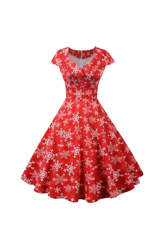 Cocktail Dresses Modest Wedding Guest Dress Women Short Sleeve V Neck Christmas 1950s Housewife Evening Party Prom Dress Red S