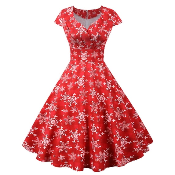 Ecqkame Cocktail Dresses Modest Wedding Guest Dress Women Short Sleeve V Neck Christmas 1950s Housewife Evening Party Prom Dress Red XXL