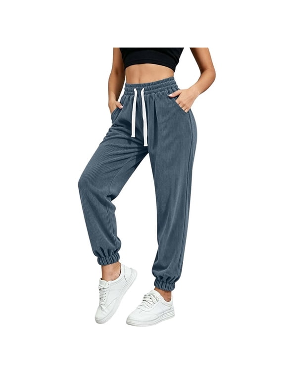 Corduroy Pants for Women Solid Drawstring Elastic Waist Side Pockets Cuffed Ankle Taper Pant Comfy Daily Versatile Trousers Navy M