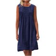 thumbnail image 1 of Ecqkame Cotton Linen Dresses for Women 2025 Summer Solid Color Pleated Vacation Dress Loose Casual Flowy Beach Midi Dress with Pockets Z2-Dark Blue S, 1 of 8