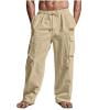 Ecqkame Cotton Linen Pants for Men Casual Loose Elastic Waist Drawstring Trousers Solid Color Wide Leg Beach Pants Khaki S