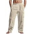thumbnail image 1 of Ecqkame Cotton Linen Pants for Men Casual Loose Elastic Waist Drawstring Trousers Solid Color Wide Leg Beach Pants Khaki S, 1 of 9