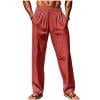 Ecqkame Cotton Linen Pants for Men Casual Loose Elastic Waist Drawstring Trousers Solid Color Wide Leg Beach Pants Red S