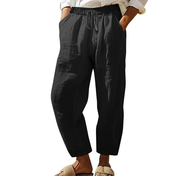 Ecqkame Cotton Linen Pants for Women Summer Elastic High Waisted Straight Leg Lounge Pants Casual Solid Color Trousers with Pockets Black