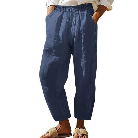 Ecqkame Cotton Linen Pants for Women Summer Elastic High Waisted Straight Leg Lounge Pants Casual Solid Color Trousers with Pockets Navy