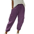 thumbnail image 1 of Ecqkame Cotton Linen Pants for Women Summer Elastic High Waisted Straight Leg Lounge Pants Casual Solid Color Trousers with Pockets Purple, 1 of 6