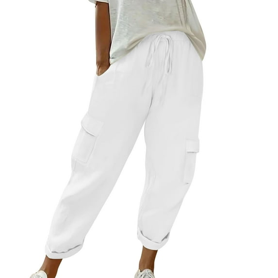 Ecqkame Cotton Linen Pants for Women Summer Elastic High Waisted Straight Leg Lounge Pants Casual Solid Color Trousers with Pockets White