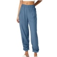 thumbnail image 1 of Ecqkame Cotton Linen Pants for Women Summer Lightweight Drawstring High Waist Solid Color Pants Loose Comfy Straight Leg Beach Pants Blue, 1 of 9