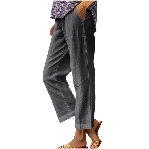 Ecqkame Cotton Linen Pants for Women Summer Straight Leg Casual Pants Fashion Solid Color Trouser with Pockets Dark Gray L