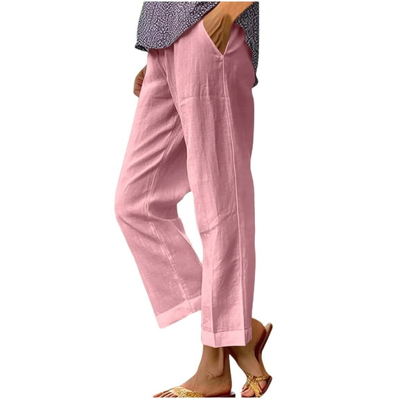 Ecqkame Cotton Linen Pants for Women Summer Straight Leg Casual Pants Fashion Solid Color Trouser with Pockets Pink L