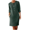thumbnail image 1 of Ecqkame Cotton Linen Pencil Dress for Women Half Sleeve Button Crewneck Work Dresses Solid Knee Length Midi Dress with Pocket 01-Green XXXXXL, 1 of 5