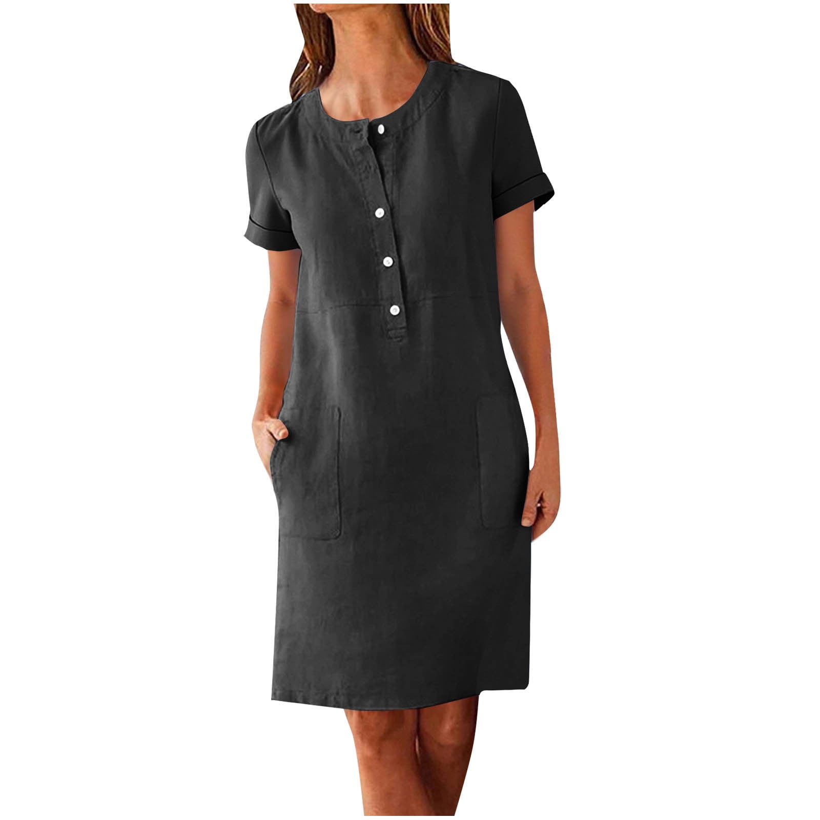 Ecqkame Cotton Linen Pencil Dress for Women Short Sleeve Button Crewneck Work Dresses Solid Knee Length Midi Dress with Pocket 03-Black L