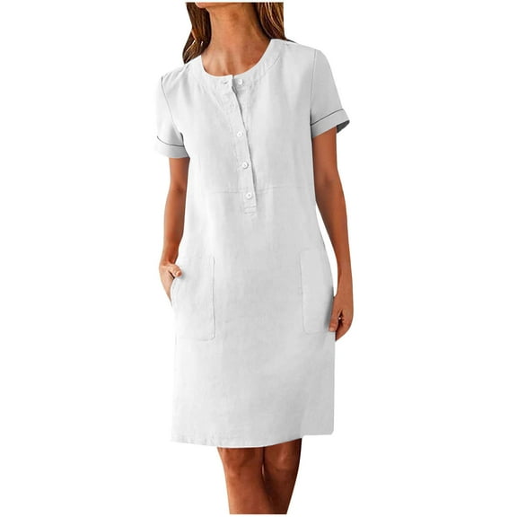 Ecqkame Cotton Linen Pencil Dress for Women Short Sleeve Button Crewneck Work Dresses Solid Knee Length Midi Dress with Pocket 03-White L
