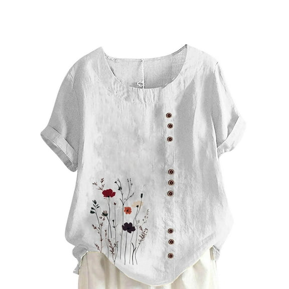 Ecqkame Cotton Linen Shirts For Women 2025 Summer Retro Embroidered Crew Neck Short Sleeve Tops Dressy Casual Trendy Button Blouse 02-White XXL