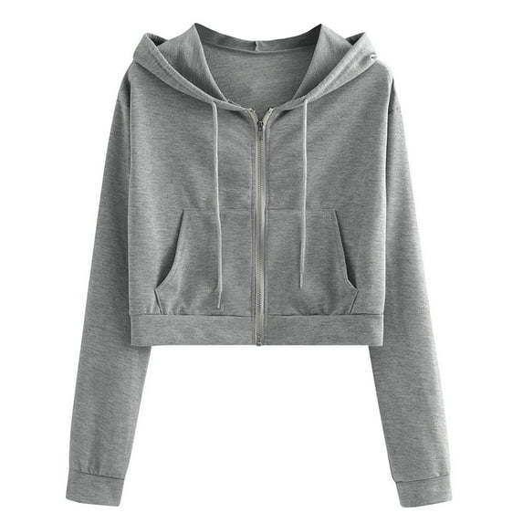 Ecqkame Crop Hoodies for Teen Girls Sweatshirt Women Casual Solid Long Sleeve Zipper Pocket Shirt Hooded Sweatshirt Tops Gray L
