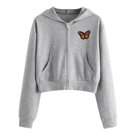Ecqkame Cropped Zip Up Hoodie Women Clearance Women Embroidery Long Sleeve Zipper Pocket Shirt Hooded Sweatshirt Top Gray L