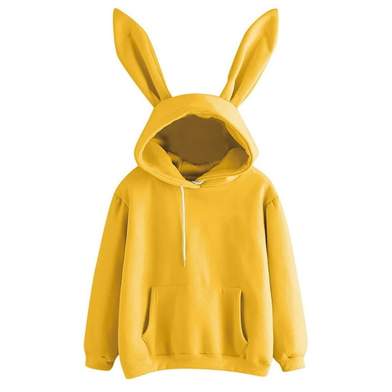 Ecqkame Cute Bunny Hoodie Womens Bunny Ear Solid Color Long Sleeve Hoodie Kangroo Pocket Drawstring Pullover Sweatshirt Yellow L