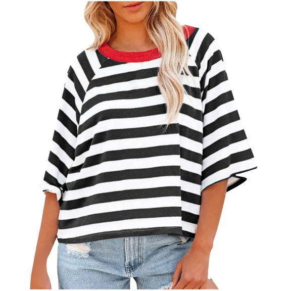 Ecqkame Cute Tops for Women 3/4 Sleeved Crew Neck Shirt Striped Knitted T-Shirt Oversize Pullover Sweatshirt Black XL