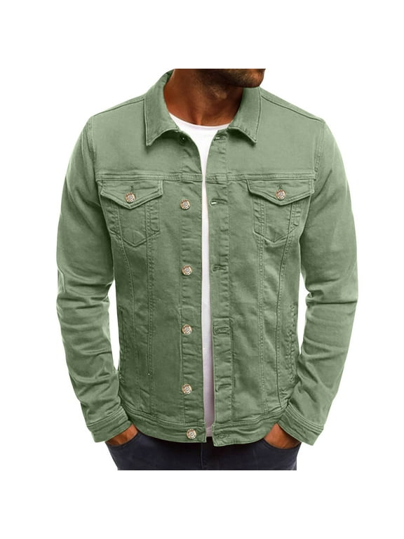 Denim Jacket Men Winter Casual Button Up Long Sleeve Solid Color Vintage Jacket with Pockets Army Green XL