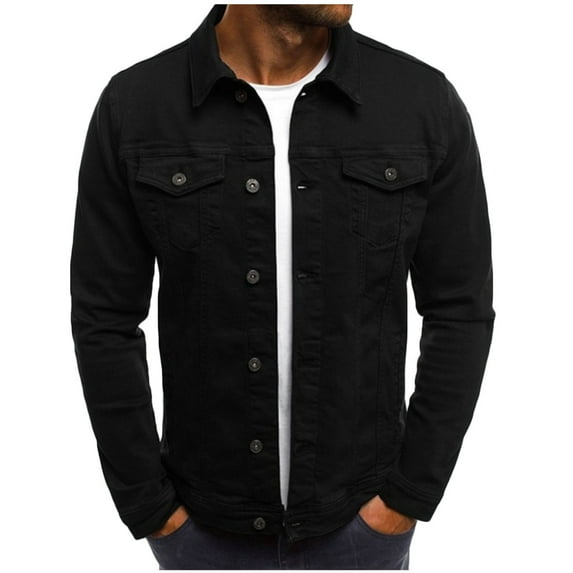 Ecqkame Denim Jacket Men Winter Casual Button Up Long Sleeve Solid Color Vintage Jacket with Pockets Black XL
