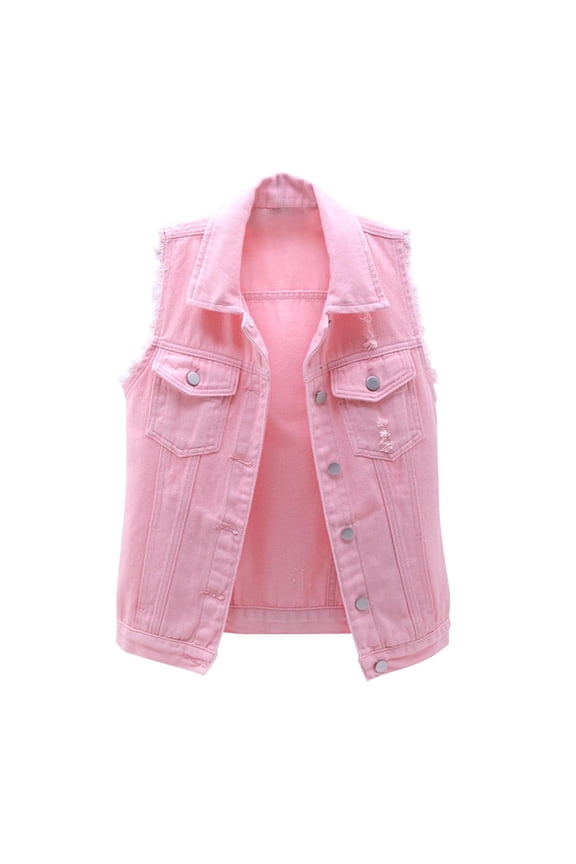 Denim Jacket for Women Button Up Vintage Jean Jackets Sleeveless Solid Color Trucker Jacket with Pockets Pink S