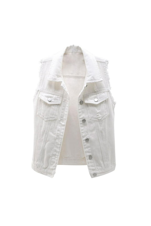 Denim Jacket for Women Button Up Vintage Jean Jackets Sleeveless Solid Color Trucker Jacket with Pockets White XXL