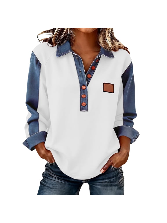 Denim Patchwork Shirts For Women Fashion Casual Turndown Collar Long Sleeve Tops Button Pullover Loose Blouses White XL