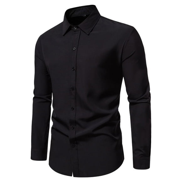 Ecqkame Dress Shirts for Men Long Sleeve Turn-Down Collar Button Top Solid Color Business Shirt Blouse B-Black B M