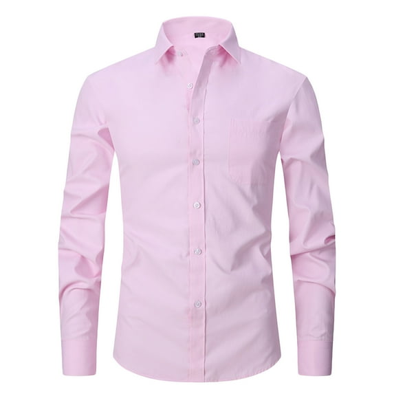 Ecqkame Dress Shirts for Men Long Sleeve Turn-Down Collar Button Top Solid Color Business Shirt Blouse C-Pink B XL