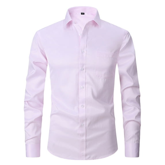 Ecqkame Dress Shirts for Men Long Sleeve Turn-Down Collar Button Top Solid Color Business Shirt Blouse C-Pink XL