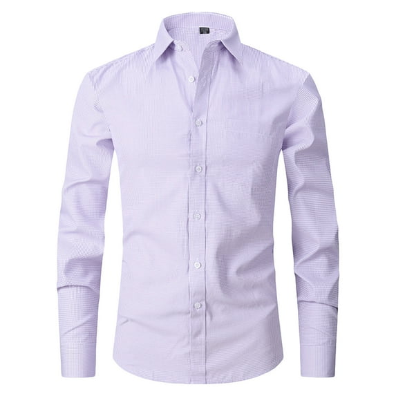 Ecqkame Dress Shirts for Men Long Sleeve Turn-Down Collar Button Top Solid Color Business Shirt Blouse C-Purple XXL