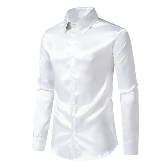 Ecqkame Dress Shirts for Men Long Sleeve Turn-Down Collar Button Top Solid Color Business Shirt Blouse F-White M