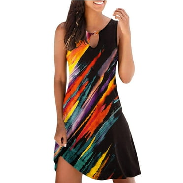 Ecqkame Dresses for Women 2023 Casual Loose Summer Floral Printed Tank Dress Hollow Out Beach Sundress Sleeveless Dresses Hot XXL on Clearance
