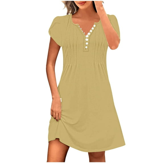 Ecqkame Dresses for Women 2025 Summer Button Pleated Hem Mini Dress Casual Loose V Neck Short Sleeve Dresses Yellow S