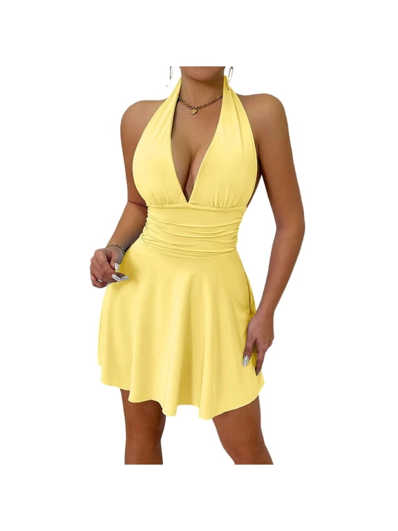 Dresses for Women Deep V Neck Sleeveless Backless Halter Sundress Elegant Flowy Tunic A-Line Summer Party Dress Yellow M