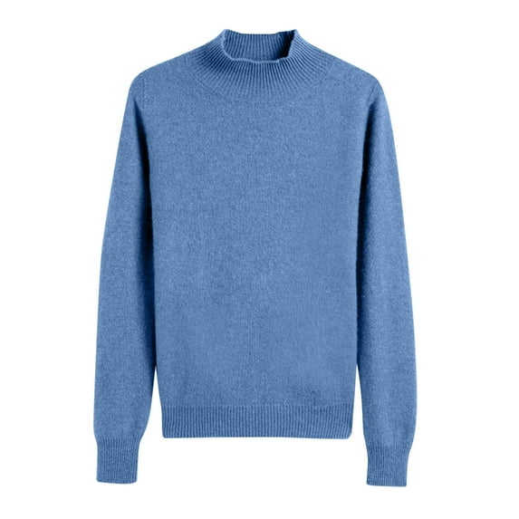 Ecqkame Fall Basic Sweaters For Women 2024 Knit Pullover Turtle Neck Long Sleeve Shirt Lightweight Solid Color Sweater Blue B XL