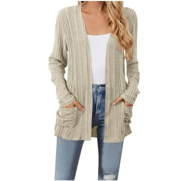 Ecqkame Fall Cardigans for Women 2024 Casual Open Front Brushed Stripe Long Sleeve Jacket Solid Color Outerwear Coats with Pockets A-Beige L on Clearance