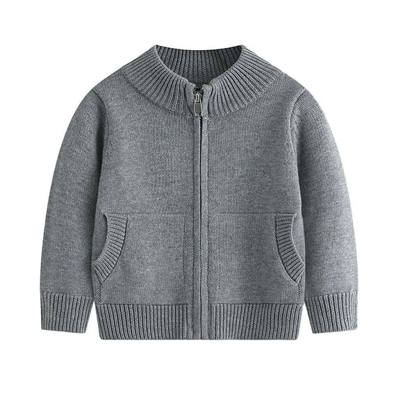 Ecqkame Fall Sweaters for Boy Kid 2024 Children Knitted Cardigan Zip Up Jacket Solid Crew Neck Long Sleeve Coat with Pockets Gray 5 Years