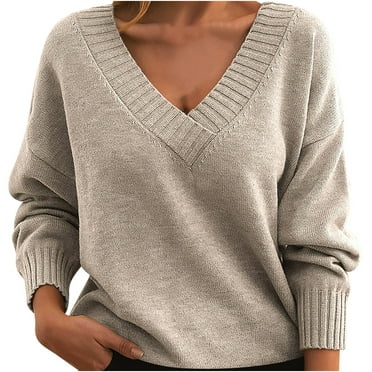 Ecqkame Fall Sweaters For Women 2024 Knitted Pullover V-Neck Swearshirt Solid Color Loose Casual Blouse A-Beige XXL on Clearance