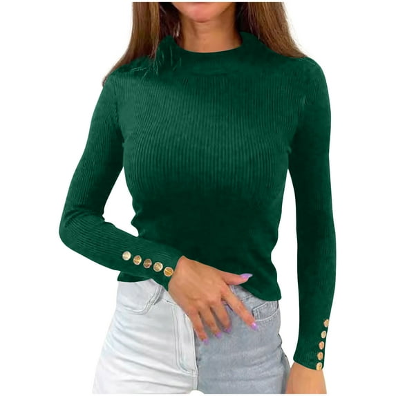 Ecqkame Fall Sweaters For Women 2024 Knitted Turtle Neck Solid Color Top Button Cuff Long Sleeved Casual Base Sweater A-Army Green S on Clearance