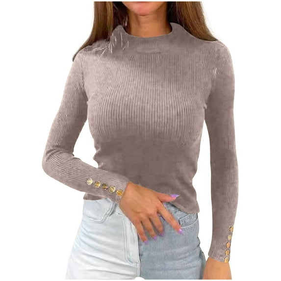 Ecqkame Fall Sweaters For Women 2024 Knitted Turtle Neck Solid Color Top Button Cuff Long Sleeved Casual Base Sweater A-Khaki XL