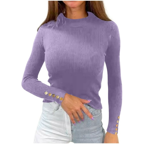Ecqkame Fall Sweaters For Women 2024 Knitted Turtle Neck Solid Color Top Button Cuff Long Sleeved Casual Base Sweater A-Purple XL on Clearance