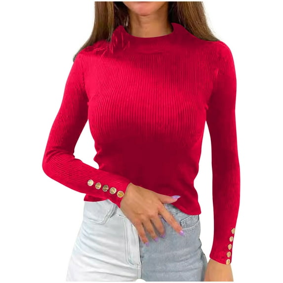 Ecqkame Fall Sweaters For Women 2024 Knitted Turtle Neck Solid Color Top Button Cuff Long Sleeved Casual Base Sweater A-Red XL