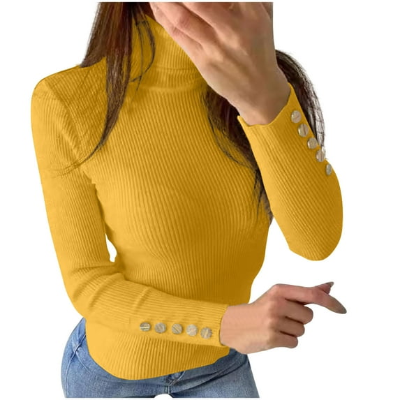 Ecqkame Fall Sweaters For Women 2024 Knitted Turtle Neck Solid Color Top Button Cuff Long Sleeved Casual Base Sweater B-Yellow L on Clearance