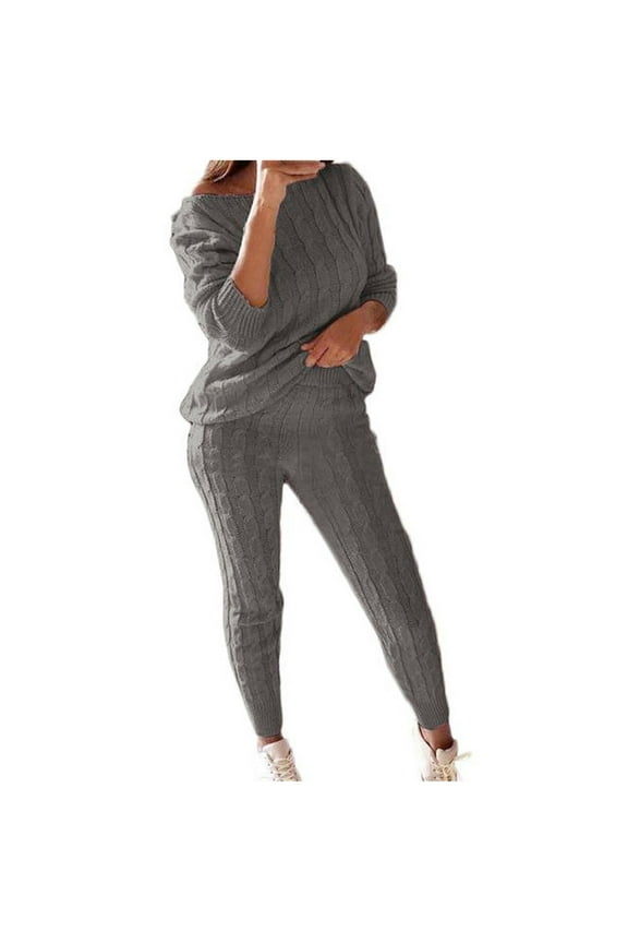 Fall and Winter Sweater For Women's Set Clearance Solid Color Off Shoulder Long Sleeve Cable Knitted Warm Two-Piece Long Pants Sweater Suit Set Gray XXXXXL